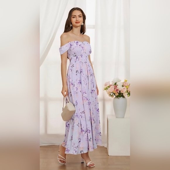 Grace Karin Purple Off-Shoulder Ruched Sundress #622 - Picture 6 of 10